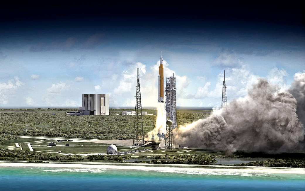 Conceptual image showing an SLS launch.  (Image: NASA)