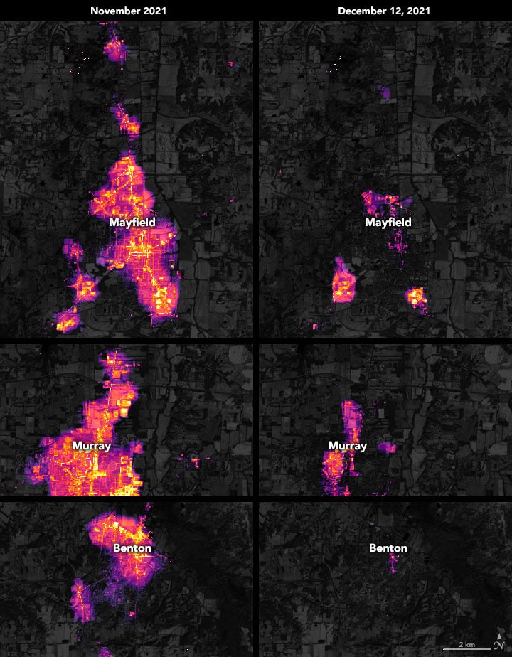 Before and after images show night lights in towns hit hard by the deadly December tornado outbreak. (Image: NASA)