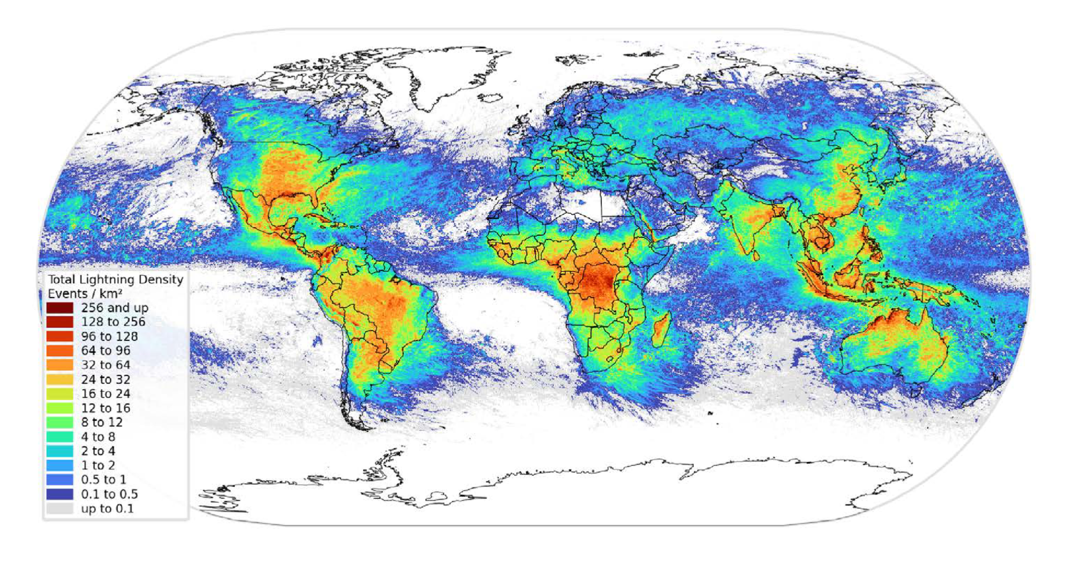 A map of global lightning density in 2021.  (Image: Vaisala)