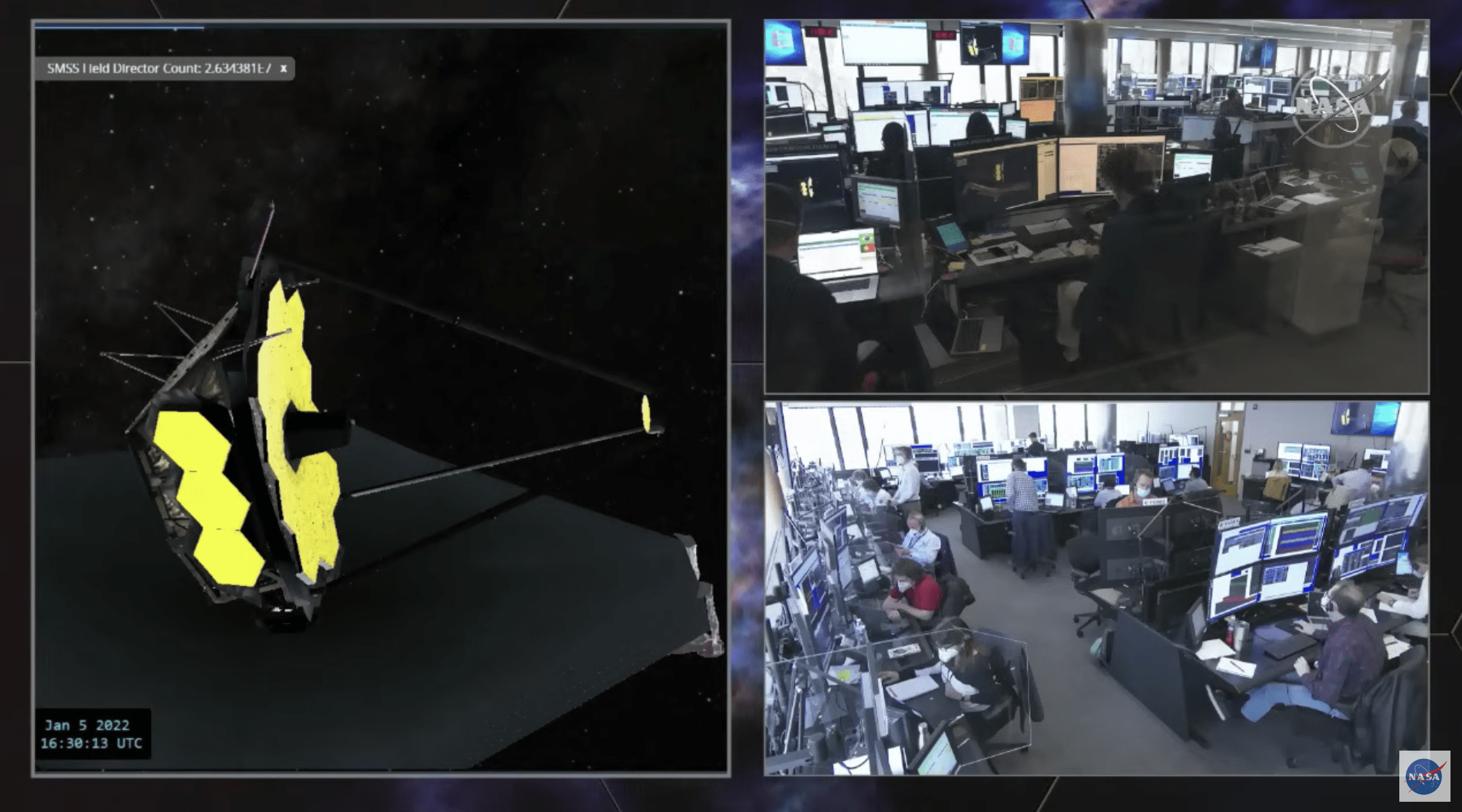 Screenshot from NASA's broadcast of the secondary mirror deployment, showing an animated view of the Webb telescope and the control rooms.  (Screenshot: NASA TV)