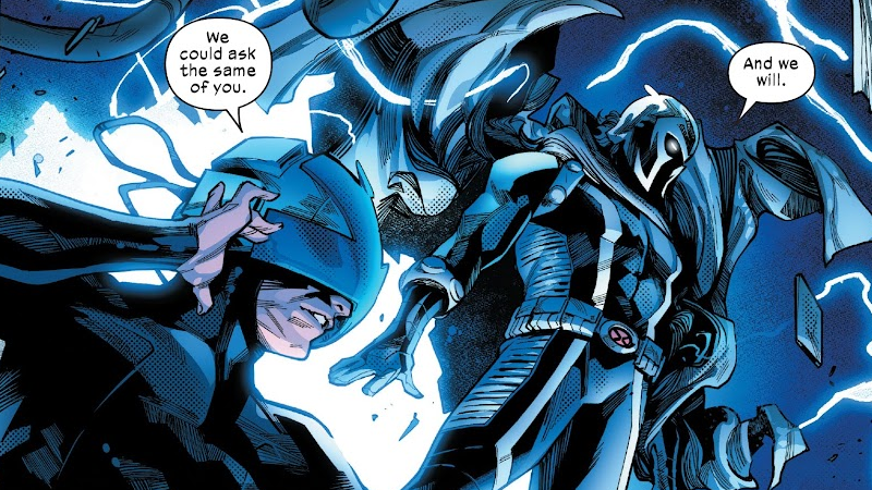 Professor X and Magneto make a desperate last stand. (Image: Valerio Schiti, Stefano Caselli, David Curiel, and Joe Sabino/Marvel Comics)