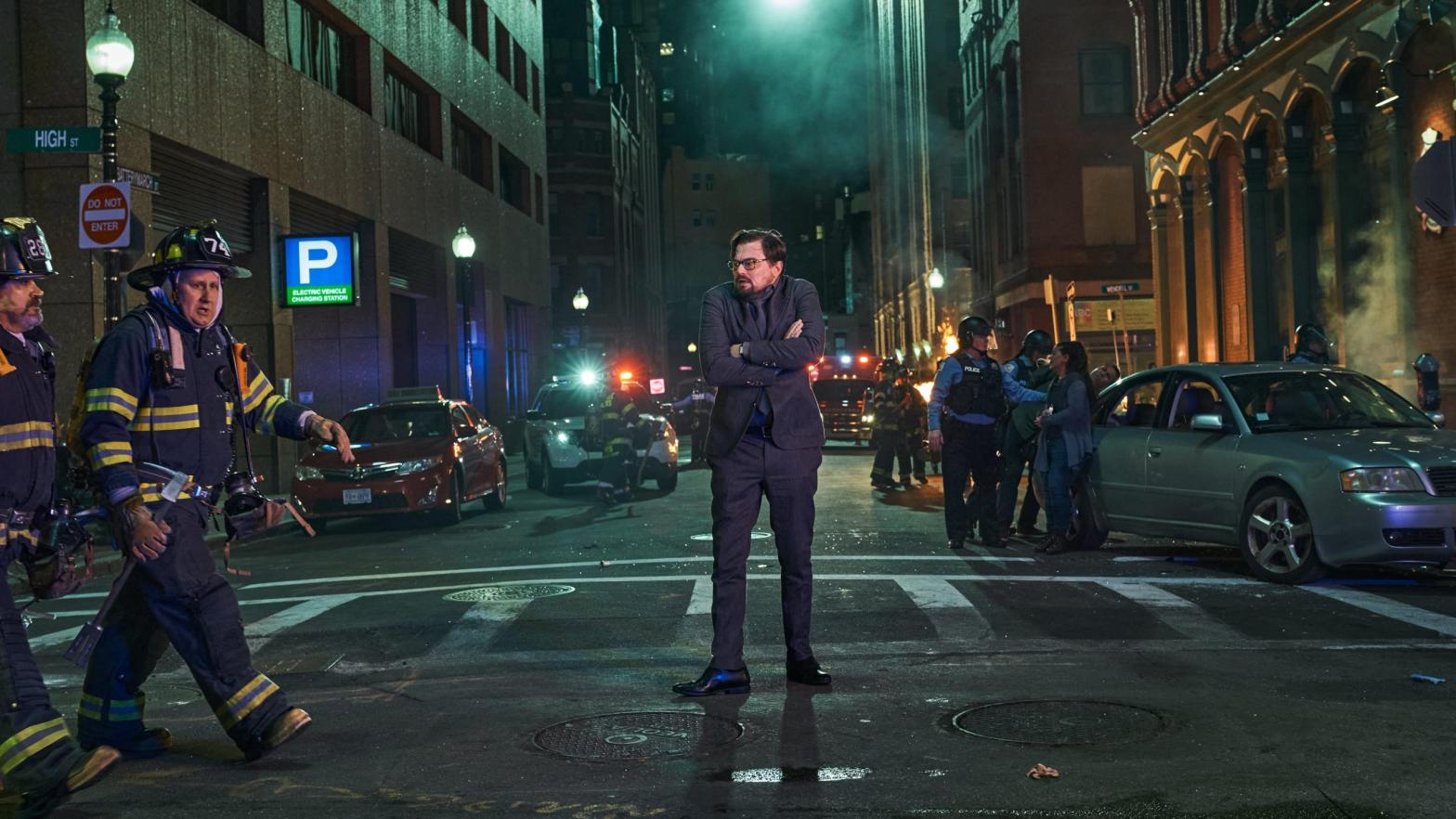 Leonardo DiCaprio stands in the middle of a street in a scene from Don't Look Up. (Photo: Netflix)