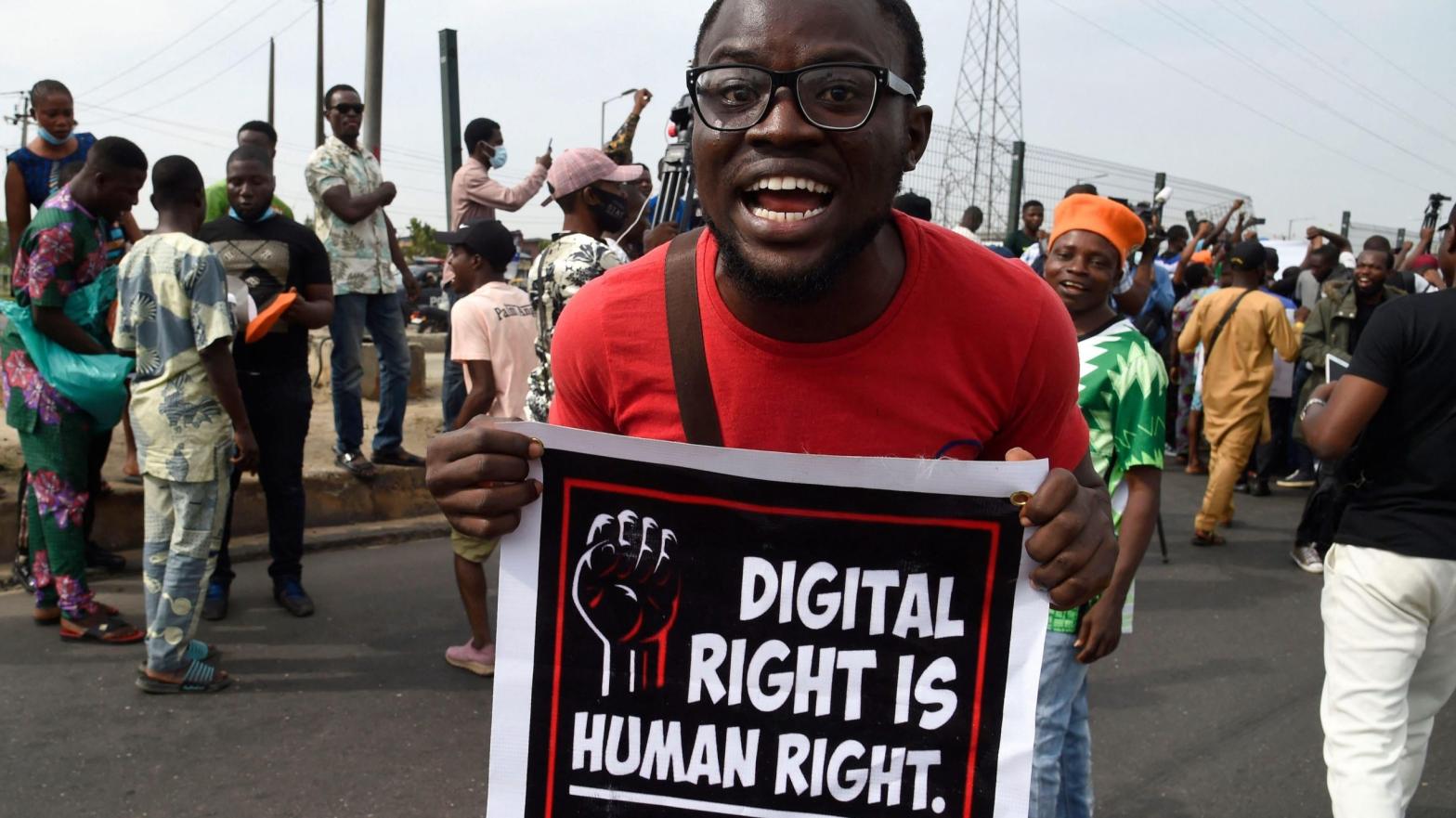 A man carries a banner calling for the end to the Twitter ban during a demonstration at Ojota in Lagos, Nigeria on June 12, 2021. (Photo: Pius Utomi Ekepei / AFP, Getty Images)