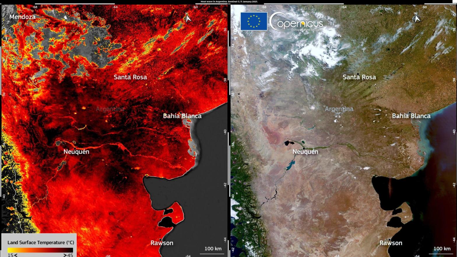 A cloudless view (right) and land surface temperature (left) of southern Argentina. (Image: European Union, Copernicus Sentinel-3)