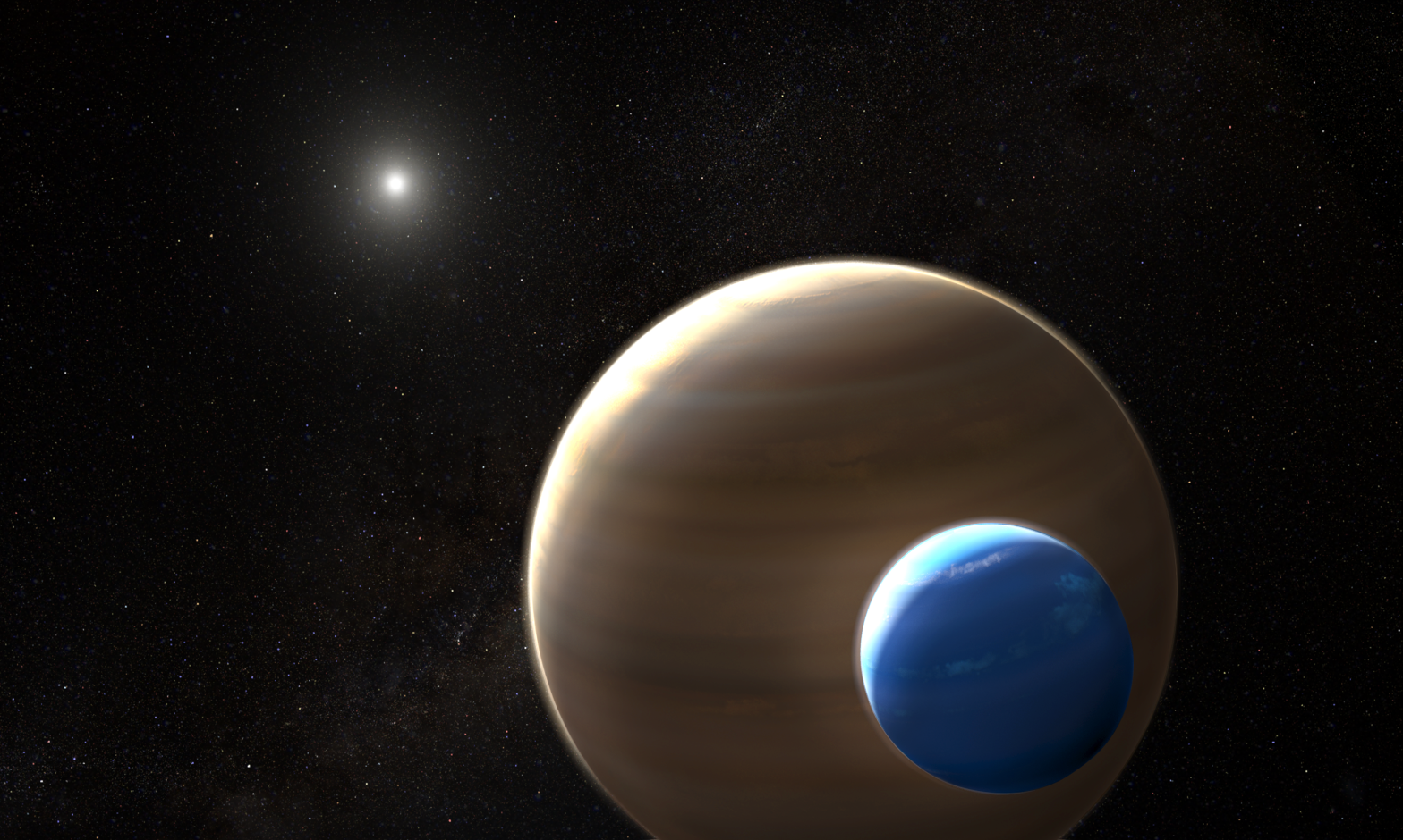 Artist's depiction of an exomoon in orbit around an exoplanet.  (Image: NASA/ESA/L. Hustak)