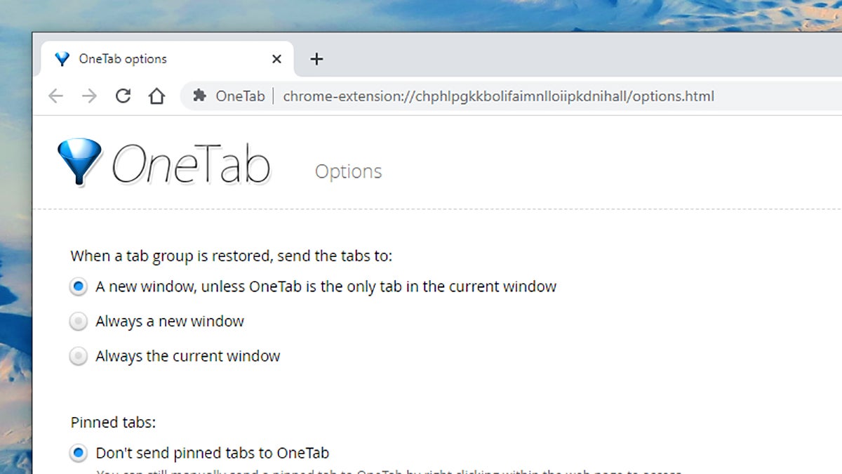 OneTab can dismiss bunches of tabs with a click. (Screenshot: OneTab)