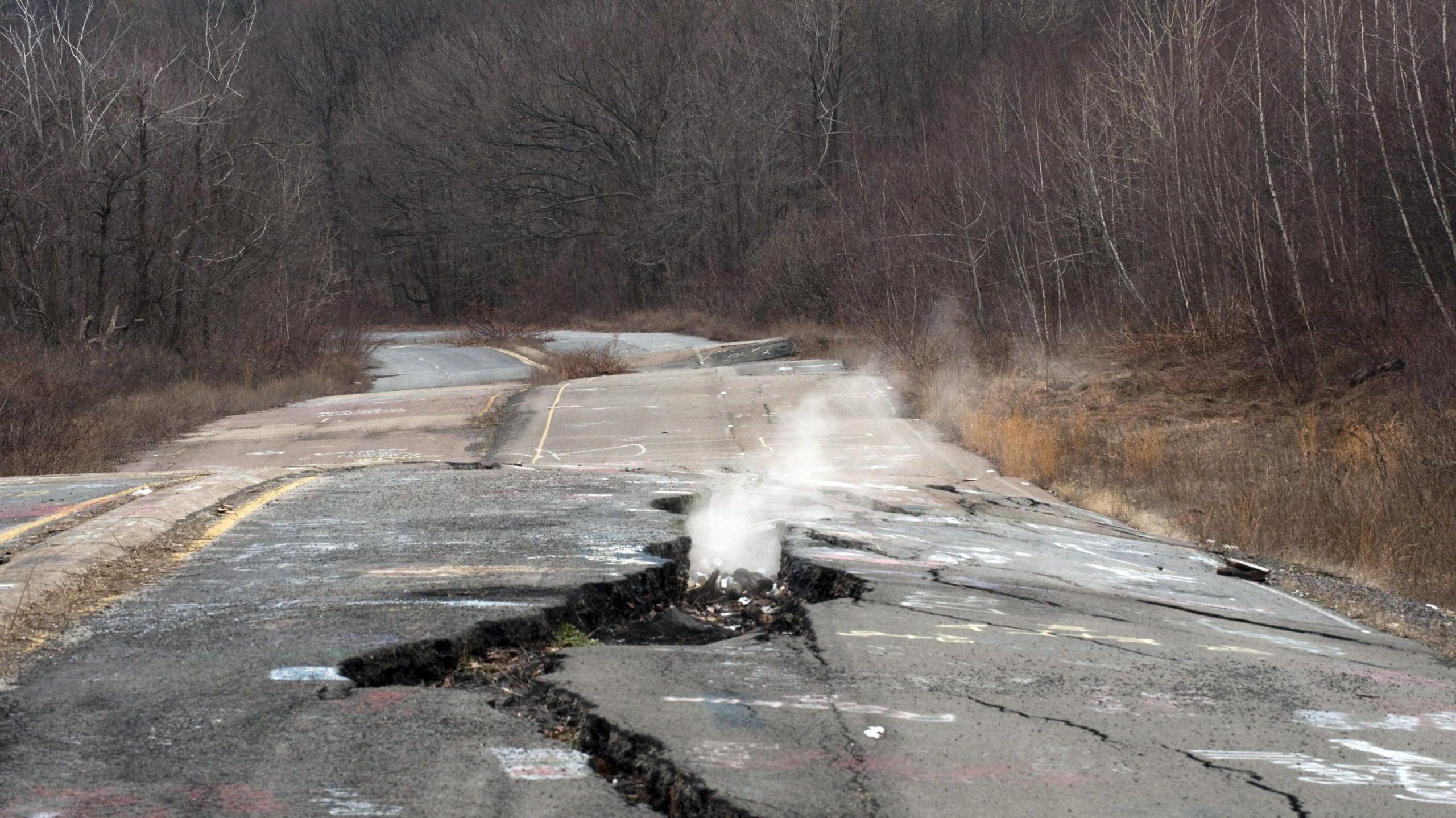 Smoke rises from a large crack in Pennsylvania Highway 61, caused by the underground coal fire. (Photo: Don Emmert/AFP, Getty Images)