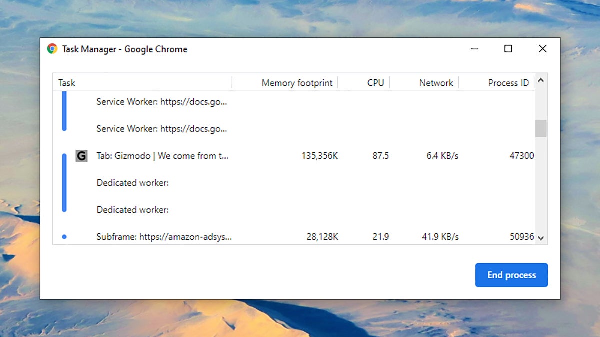 Your browser's task manager will reveal where the RAM is going. (Screenshot: Google Chrome)