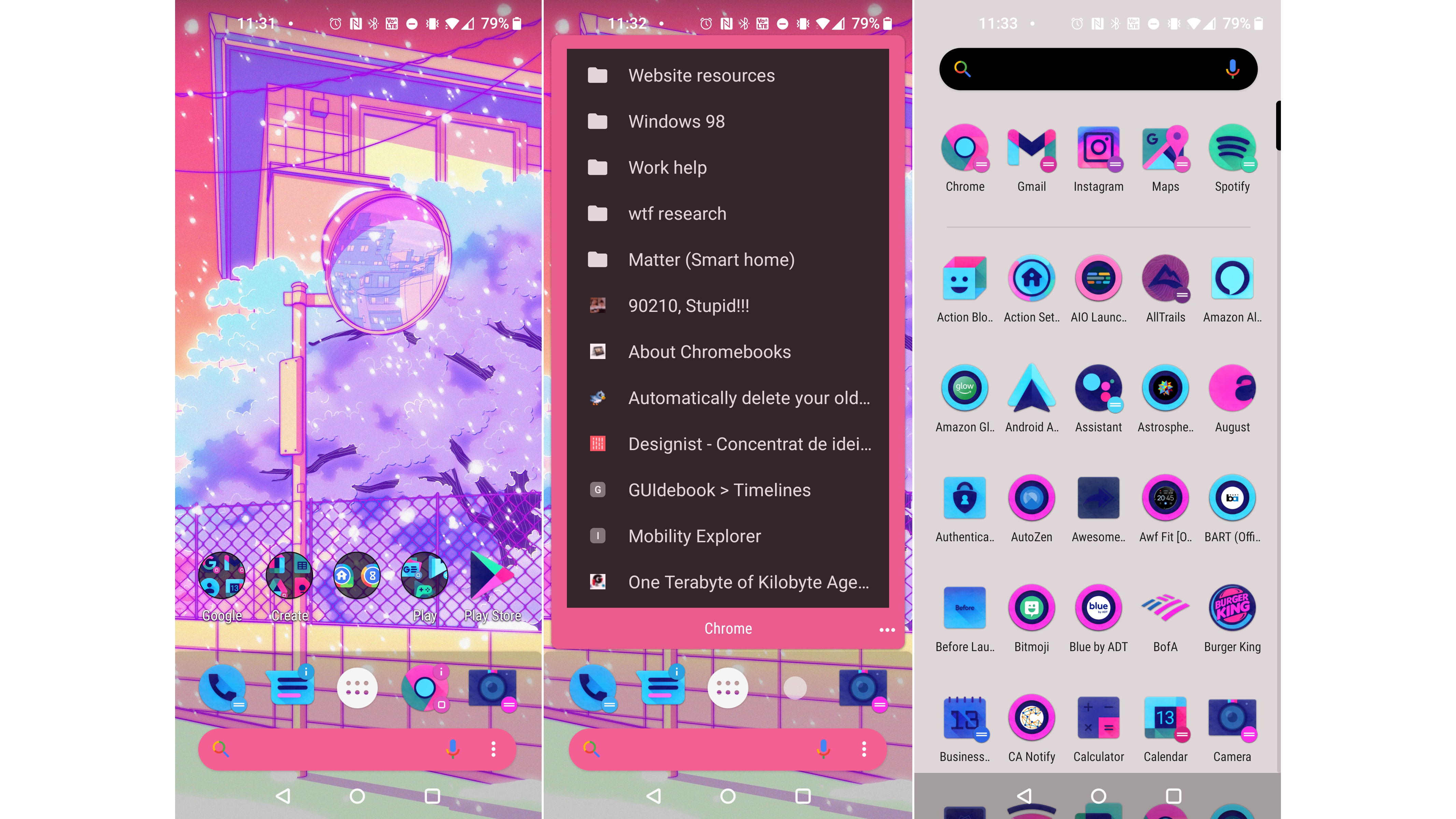 Action Launcher has a helpful feature that lets you swipe up on an icon for an action. In the middle screenshot, a swipe-up reveals my browser bookmarks. (Screenshot: Florence Ion / Gizmodo)