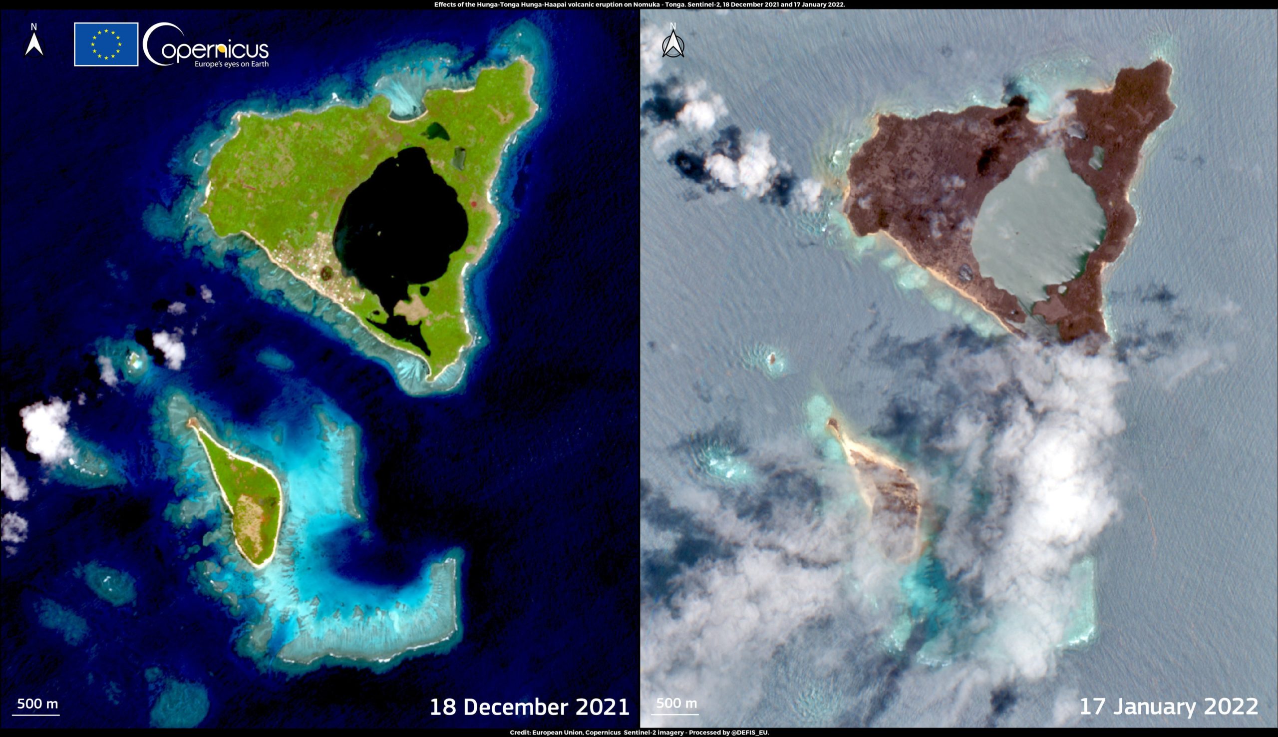 The impact of the Tongan volnica eruption can be seen on the island of Nomuka when comparing before and after satellite images. (Image: European Union, Copernicus Sentinel-2)