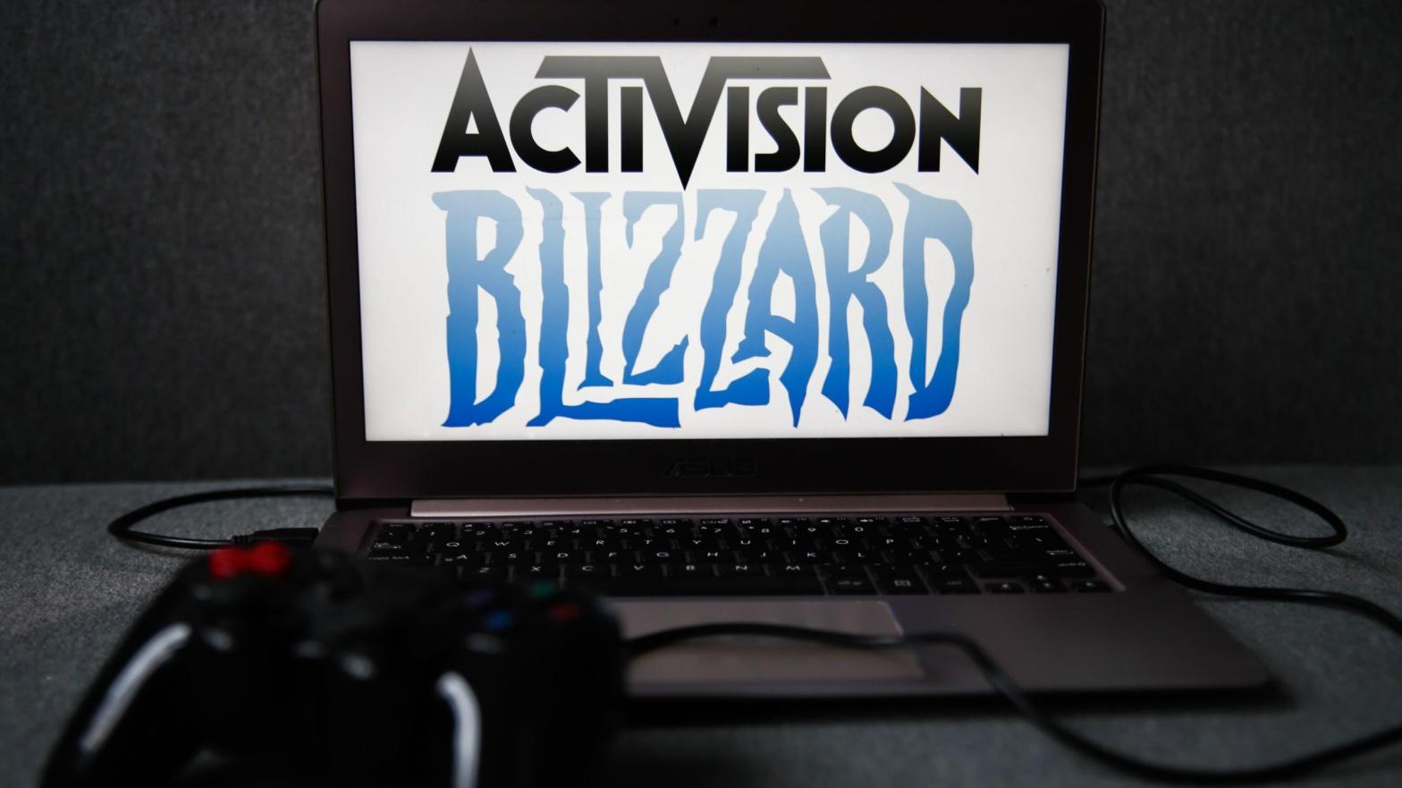 The Activision Blizzard logo, September 2021 photo illustration. (Photo: Jakub Porzycki/NurPhoto, Getty Images)