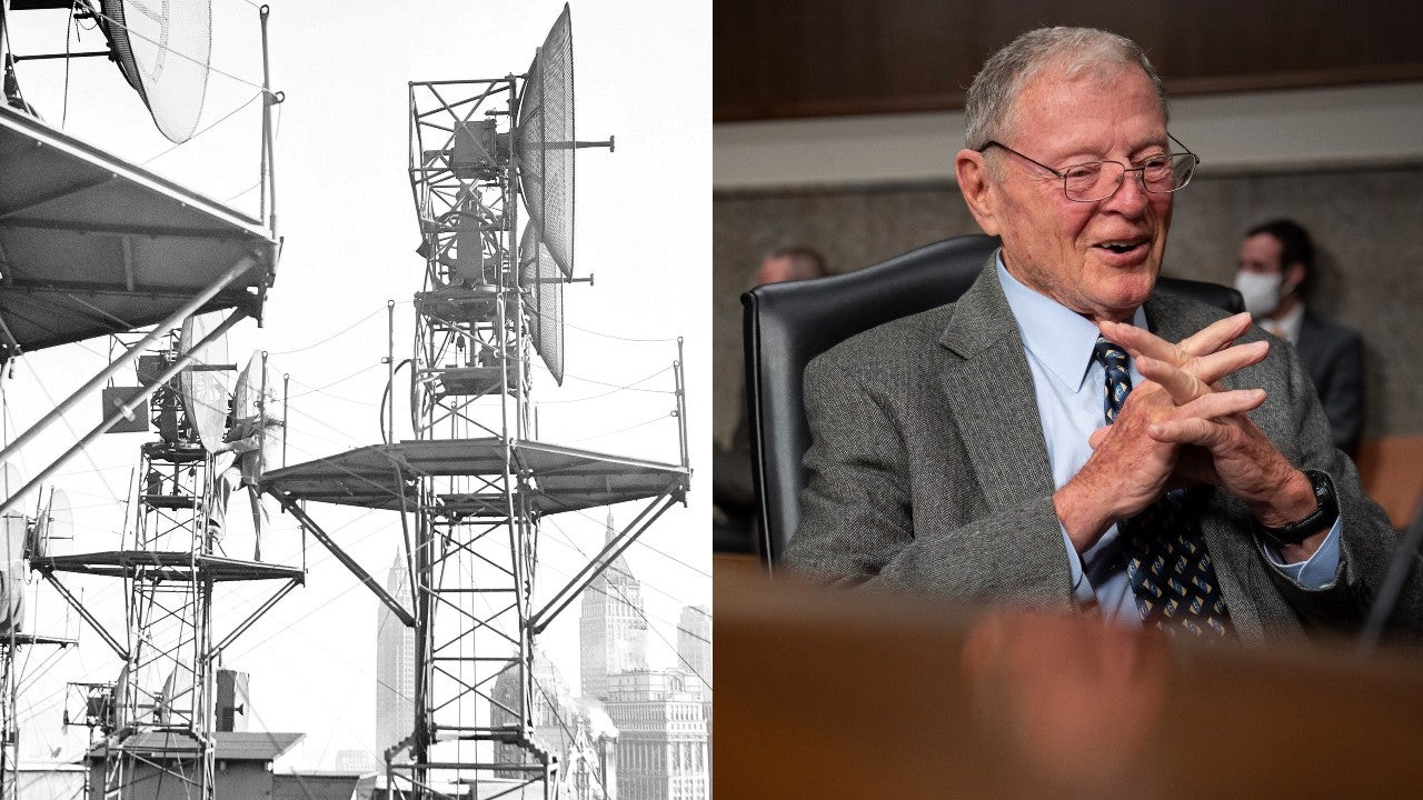 Radar antennas on the roof at 140 West St., of the New York Telephone Company, showing skyline of downtown Manhattan, Oct. 31, 1945 (left) and Senator Jim Inhofe at the U.S. Capitol, in Washington, D.C. on January 13, 2022 (right). (Photo: John Lindsay / Graeme Sloan, AP)