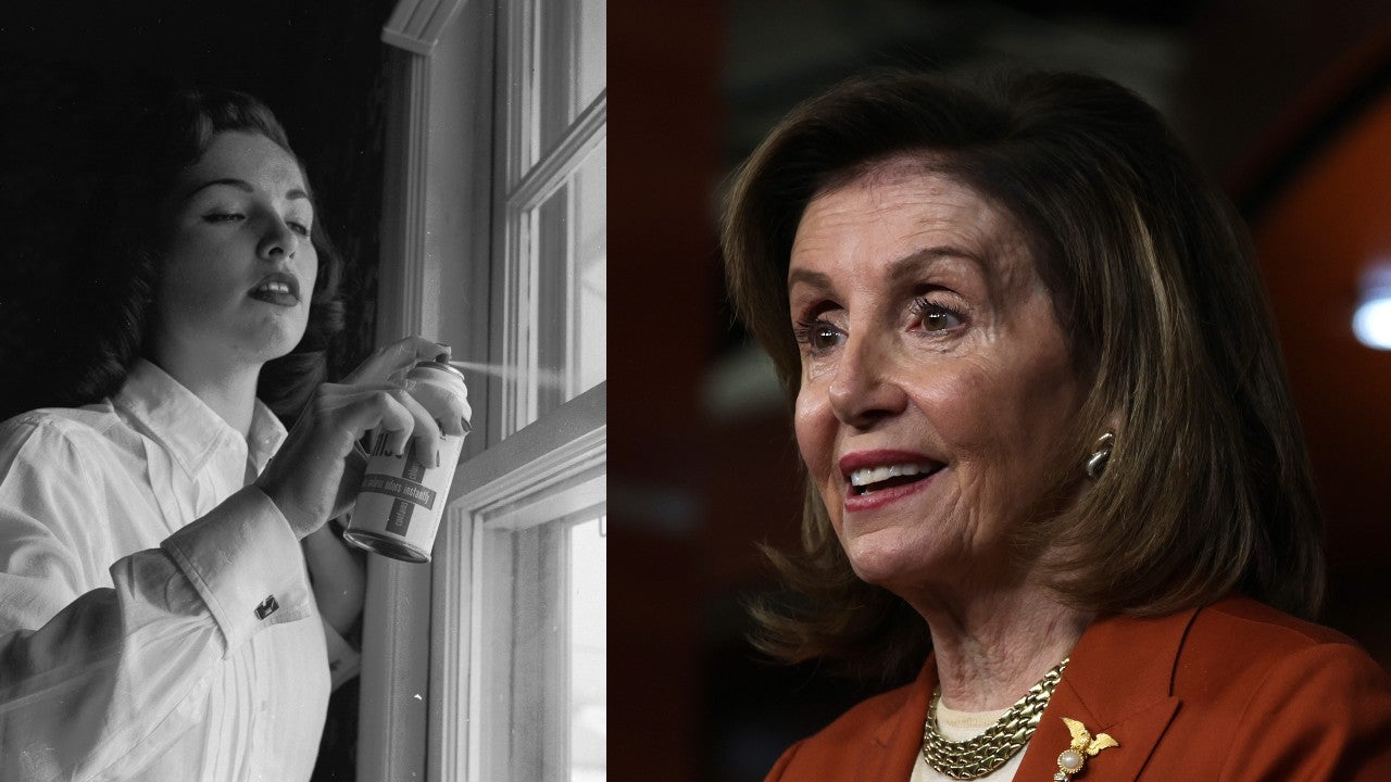 An aerosol spray can being used circa 1955 (left) and Rep. Nancy Pelosi on January 13, 2022 (right). (Photo: Getty / Alex Wong, Getty Images)