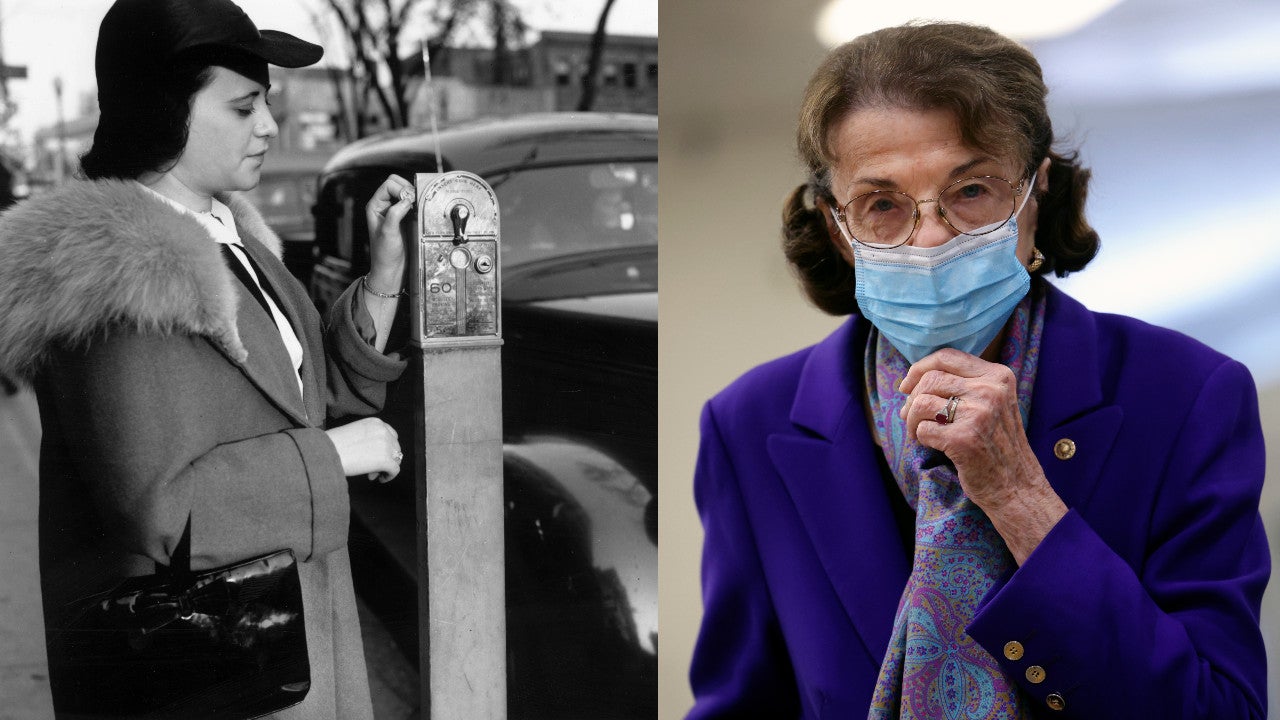  A driver inserting a nickel into a parking metre for an hour's parking at White Plains, New York in 1938 (left) Diane Feinstein in 2021 (right). (Photo: Horace Abrahams / Kevin Dietsch, Getty Images)
