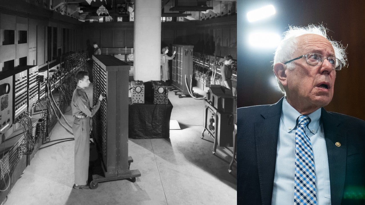 ENIAC computer in 1946 (left) Bernie Sanders in 2021 (right). (Photo: Getty / Tom Williams, Getty Images)