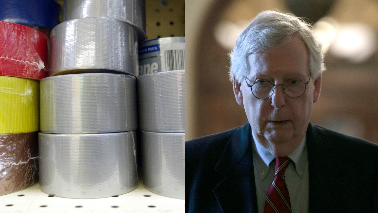 Rolls of duct tape at a hardware store (left) and Mitch McConnell in 2021 (right). (Photo: Mario Tama / Anna Moneymaker, Getty Images)