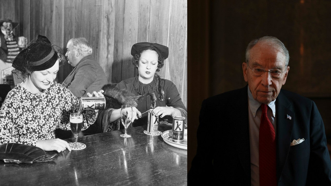 On of the first canned beers ever served in New York in 1935 (left) and Chuck Grassley in 2021 (right) (Photo: Bettmann / Anna Moneymaker, Getty Images)