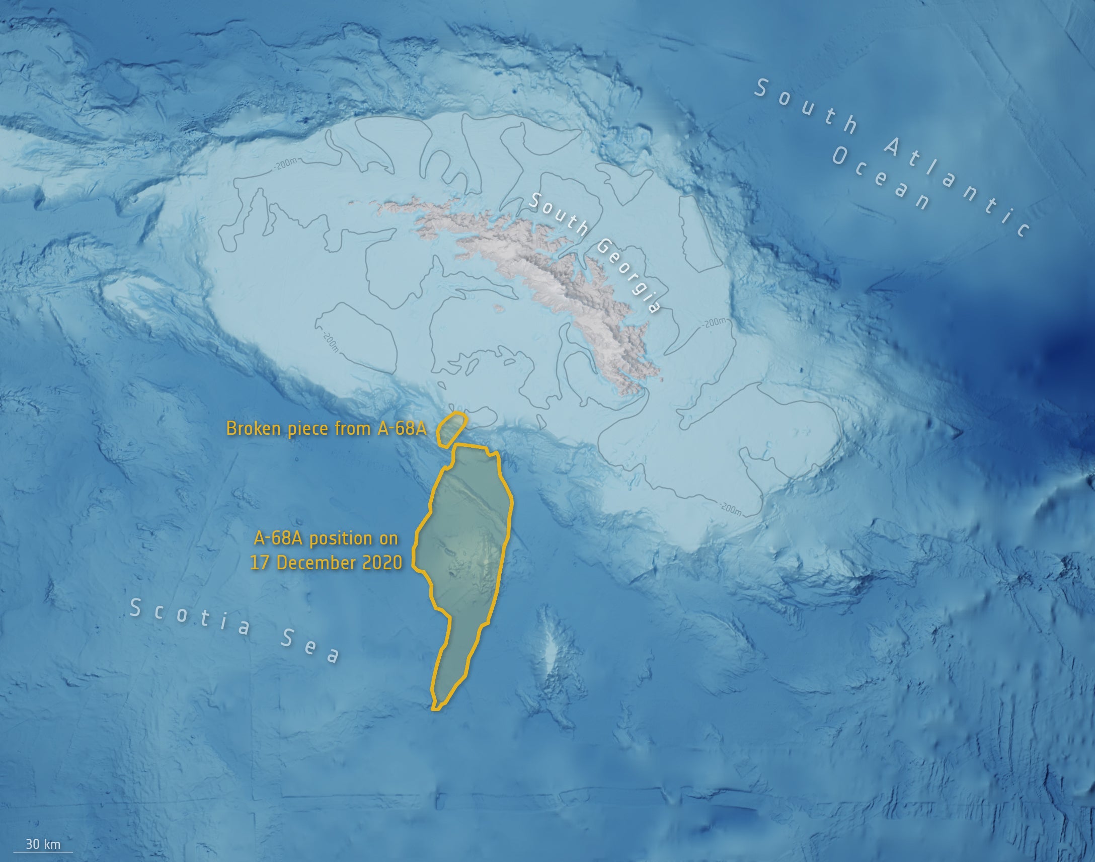 The iceberg's position on December 17, 2020.  (Image: British Antarctic Survey/ESA)