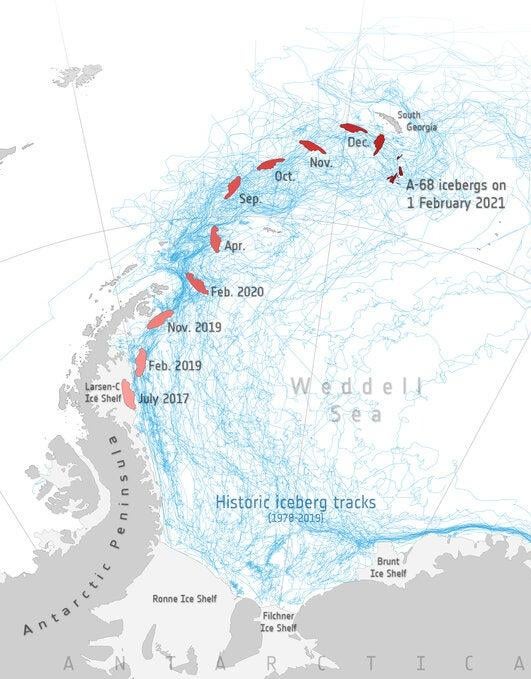 The long journey taken by iceberg A-68A.  (Illustration: Copernicus Sentinel/ESA/Antarctic Iceberg Tracking Database)