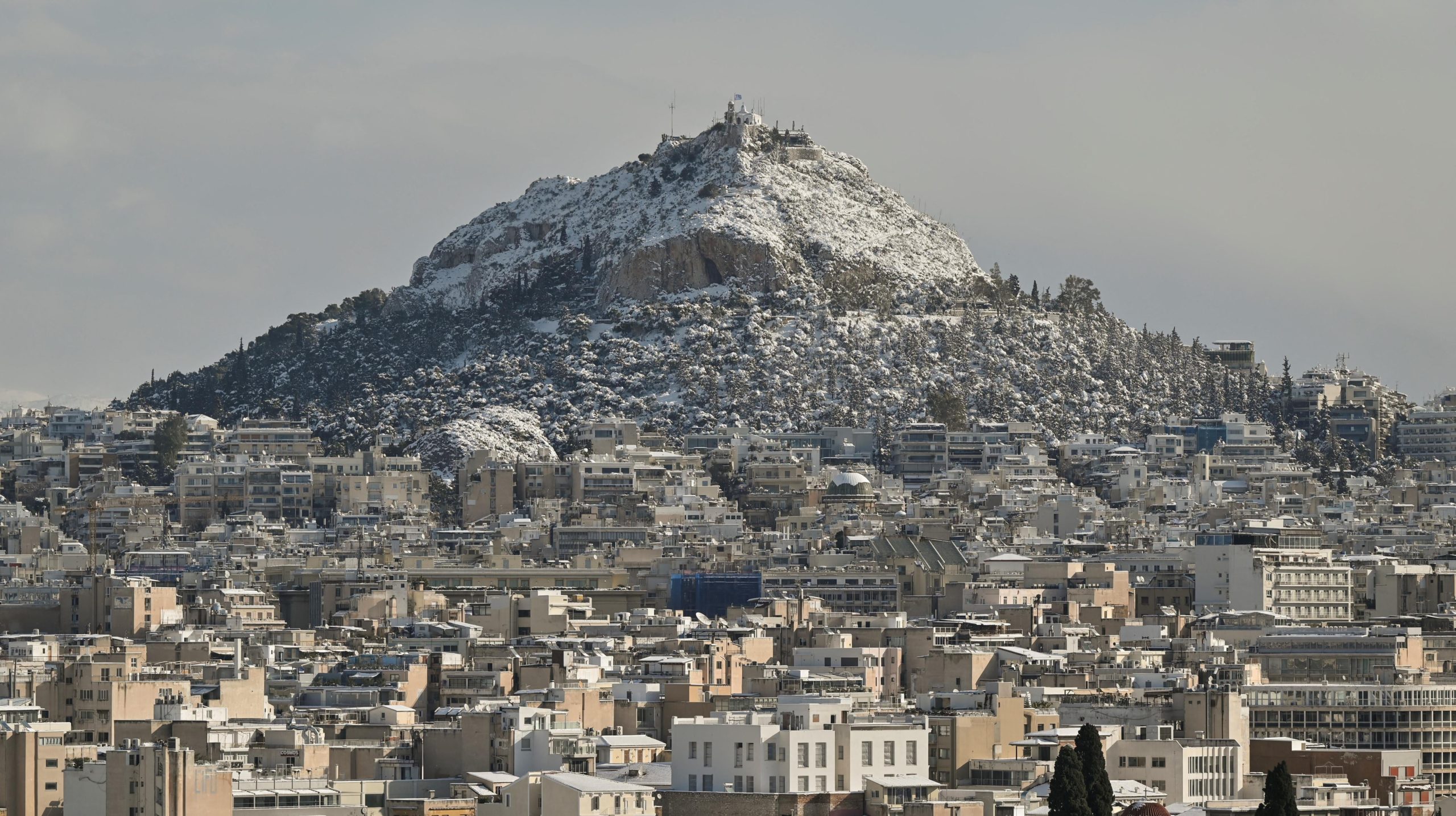 Snow-covered Lycabettus Hill in Athens. (Photo: Louisa Gouliamaki/AFP, Getty Images)