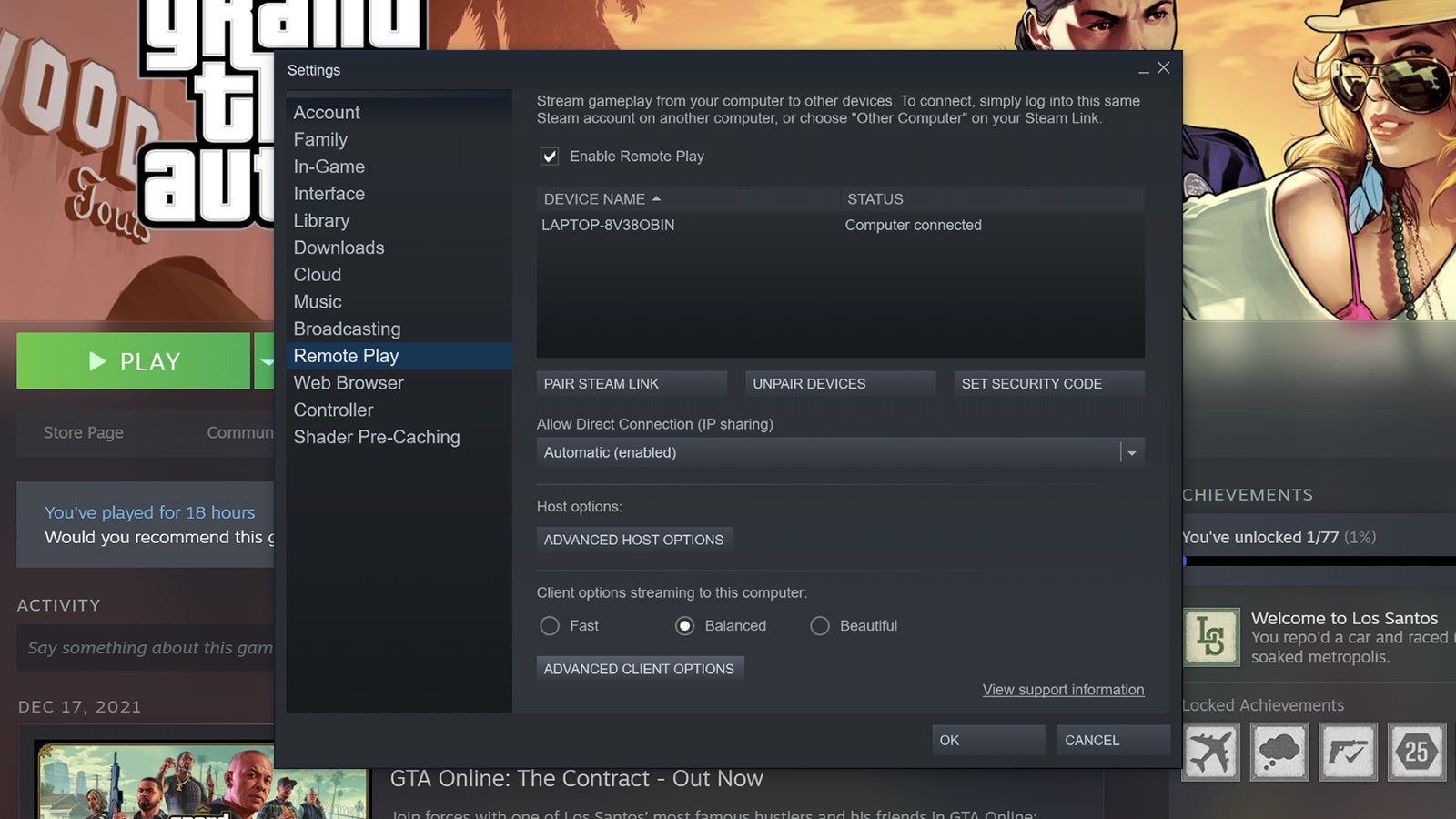 You can configure Remote Play in a variety of ways. (Screenshot: Steam)