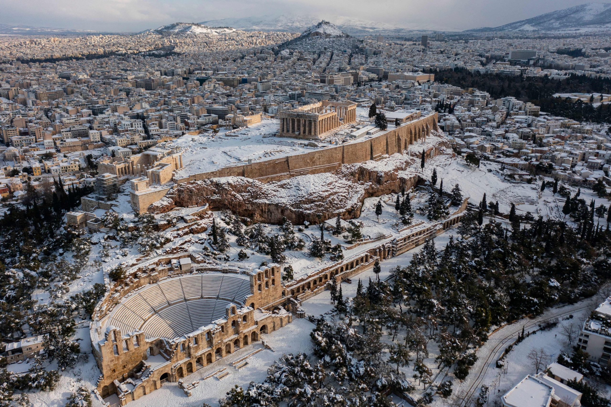 The snow-covered Ancient Temple of Parthenon atop the Acropolis. (Photo: Aris Messinis/AFP, Getty Images)