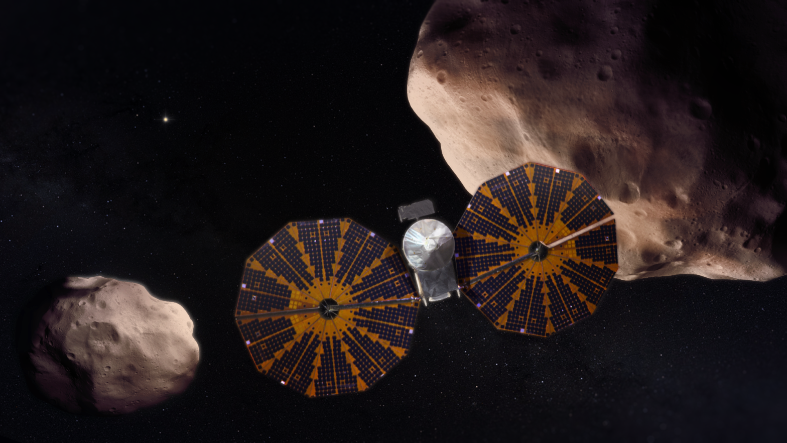 Artist's conception of the Lucy spacecraft visiting Jupiter's trojan asteroids.  (Image: NASA’s Goddard Space Flight Centre/Conceptual Image Lab/Adriana Gutierrez)