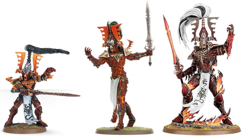 The original Avatar of Khaine, the 2006 update, and the upcoming 2022 release. (Image: Games Workshop)