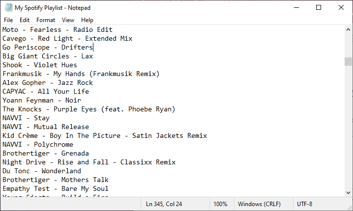 TuneMyMusic made me this neat text file of all my liked Spotify songs. (Screenshot: Florence Ion / Gizmodo)