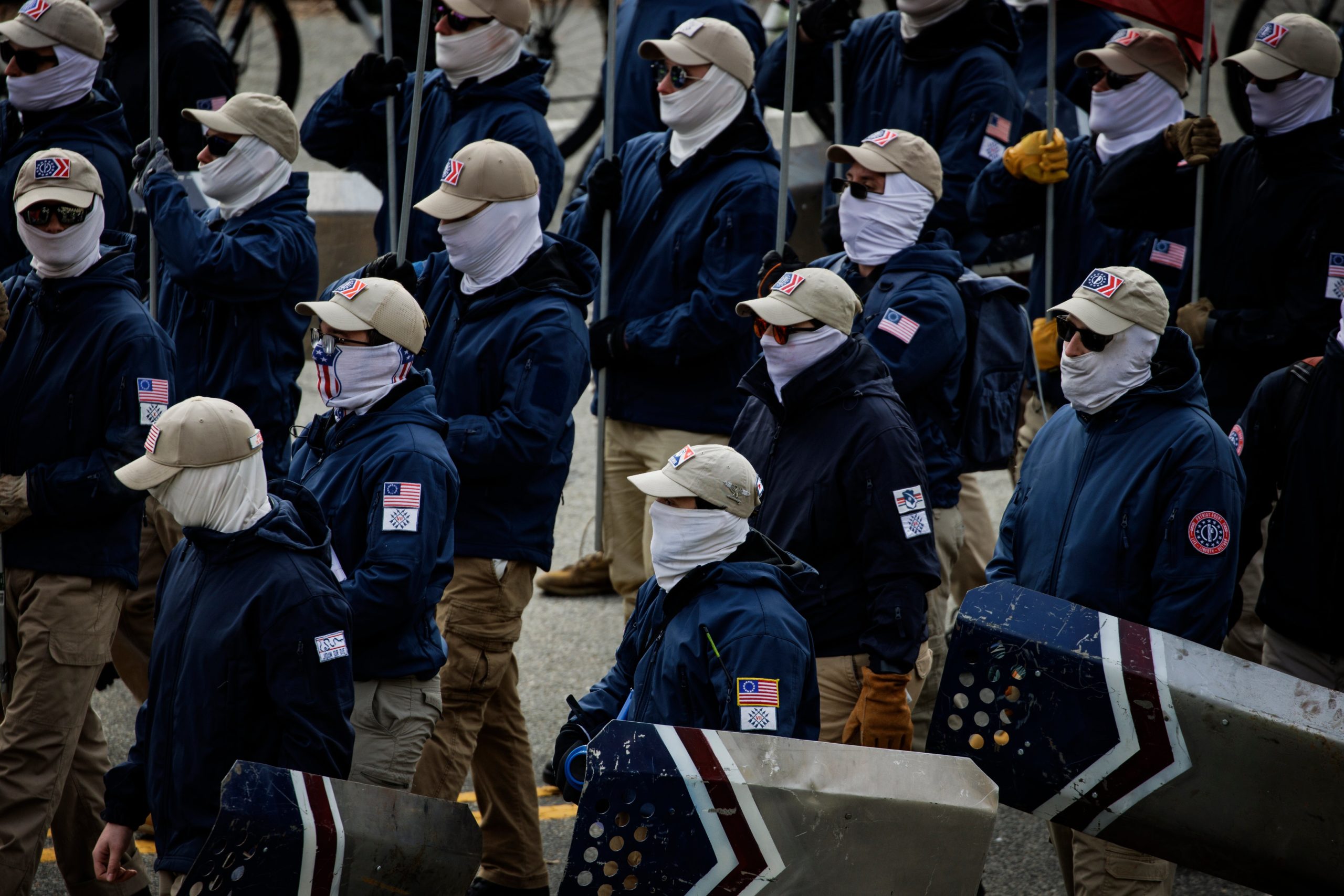 Members of the Patriot Front, an American white nationalist group, marches along Constitution Avenue in Washington, D.C. on January 21, 2022. (Photo: Sipa USA, AP)