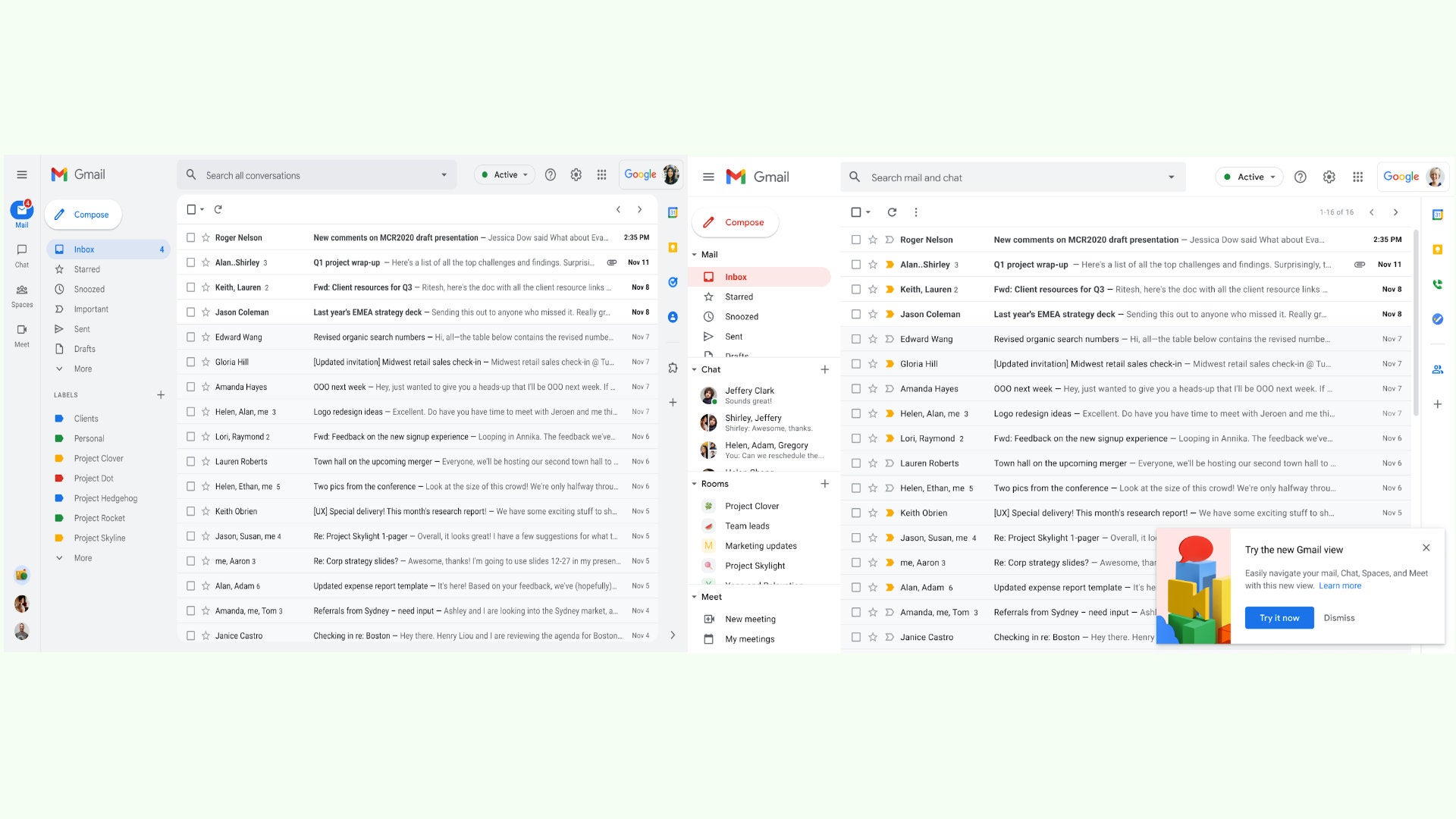 New Gmail (left); Old Gmail (right) (Image: Google)