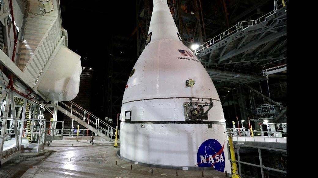 The Orion capsule stacked atop the SLS rocket inside NASA's Vehicle Assembly Building at Kennedy Space Centre in Florida. (Photo: NASA/Frank Michaux)