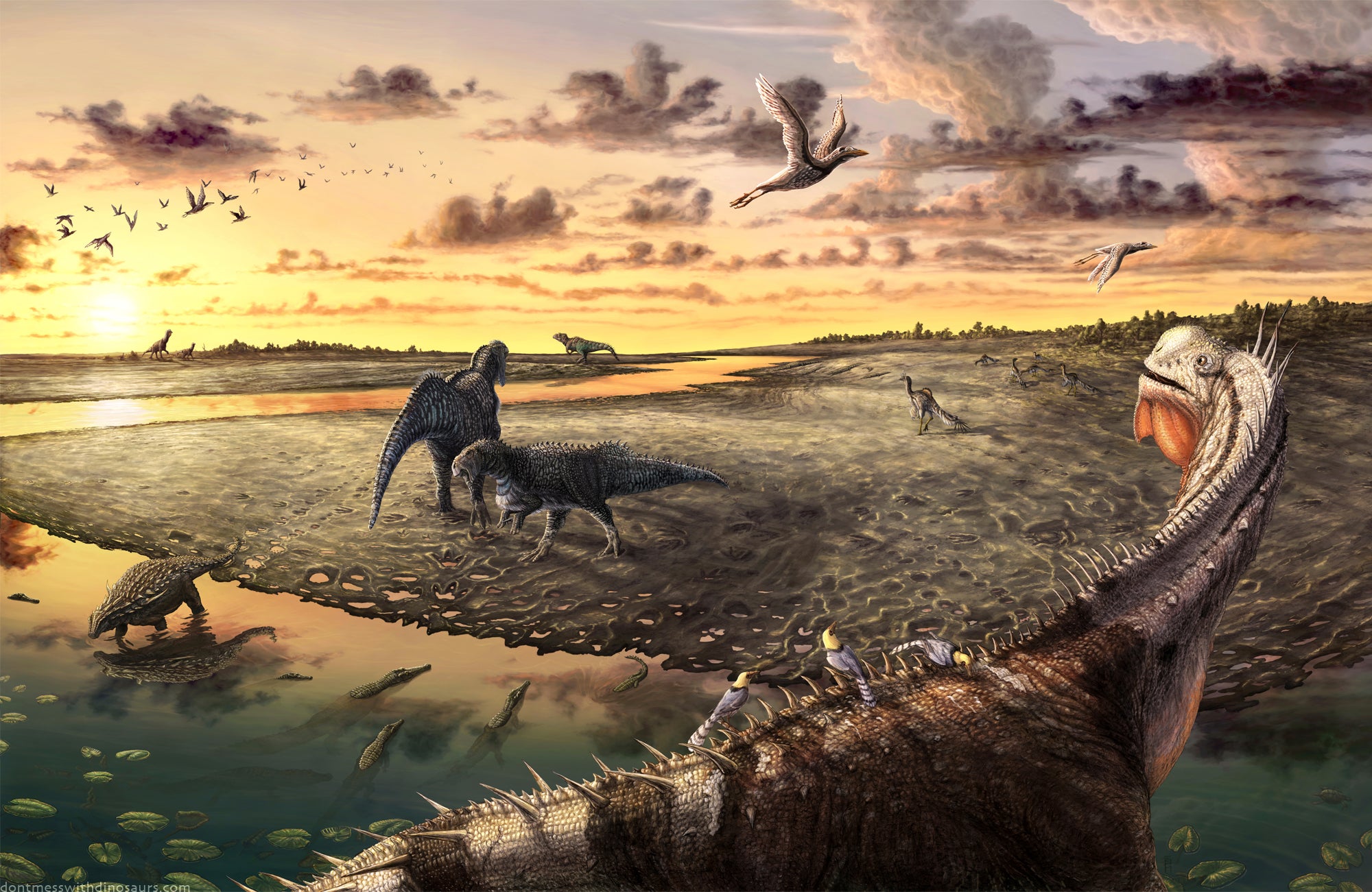 Artist's conception of what the Mill Canyon site may have looked like in the early Cretaceous Period.  (Illustration: Brian Engh)