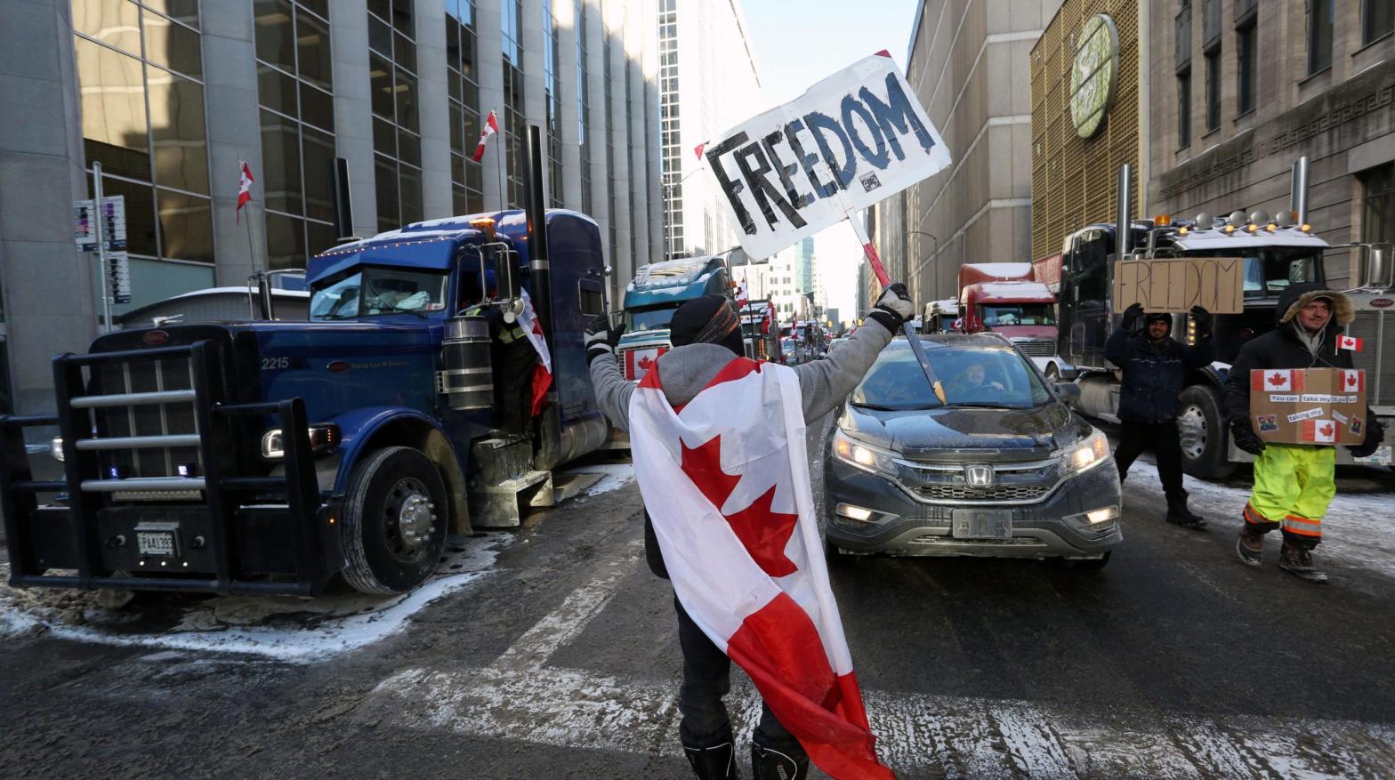 Truckers and supporters protest against mandates and restrictions related to Covid-19 vaccines in Ottawa, Ontario, Canada, on February 5, 2022. (Photo: Dave Chan/AFP, Getty Images)