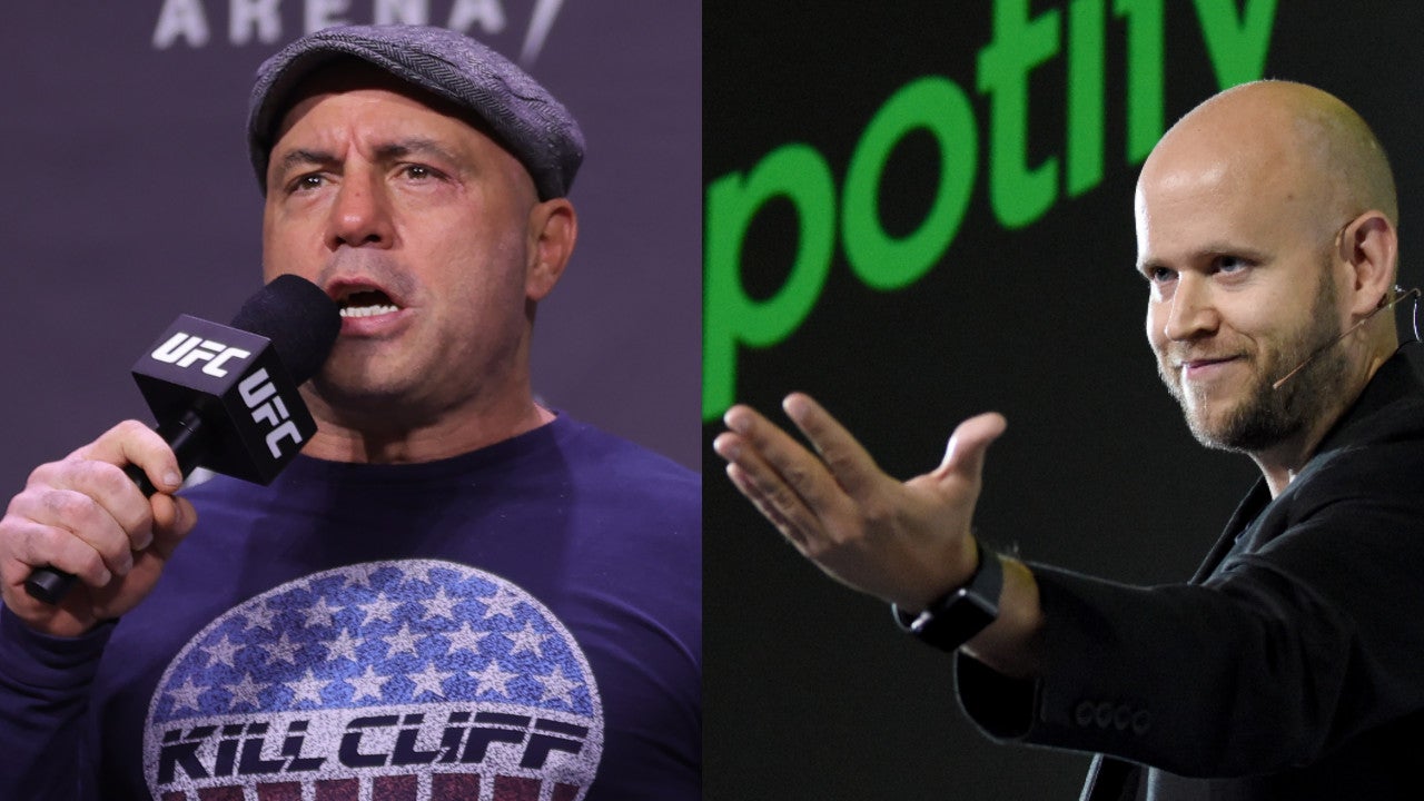 File photo of podcaster Joe Rogan hosting a UFC event (left) and Spotify CEO Daniel Ek at a presentation in Japan in 2016 (right). (Image: Carmen Mandato / Toru Yamanaka/AFP, Getty Images)