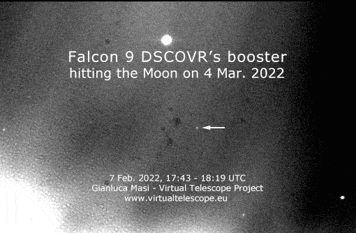 The wayward Falcon 9 booster as imaged on February 7, 2022.  (Gif: Virtual Telescope Project/Gianluca Masi)