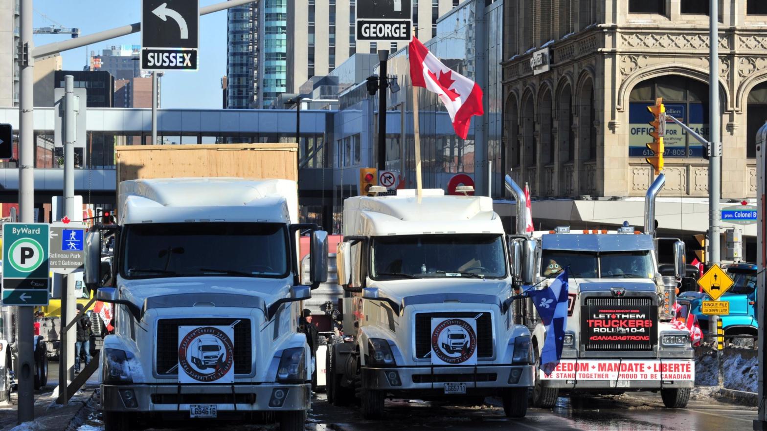 Truckers with the 'Freedom Convoy' assembled near the Parliament of Canada in downtown Ottawa on Feb. 7, 2022. (Photo: Kadri Mohamed / Anadolu Agency via Getty Images, Getty Images)