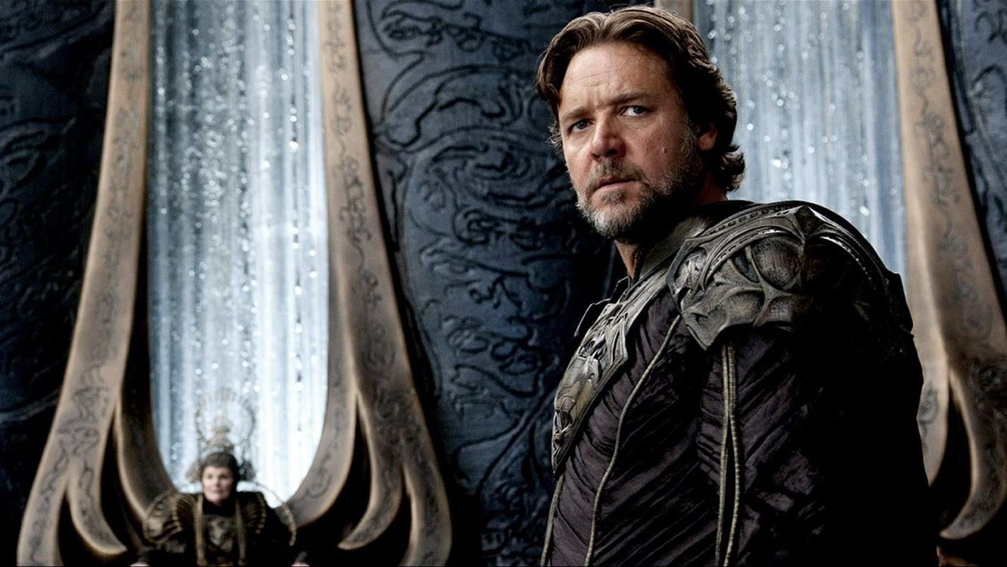 Russell Crowe is going from DC's Man of Steel, to Marvel's Thor: Love and Thunder, then Sony's Kraven the Hunter. (Image: Warner Bros.)
