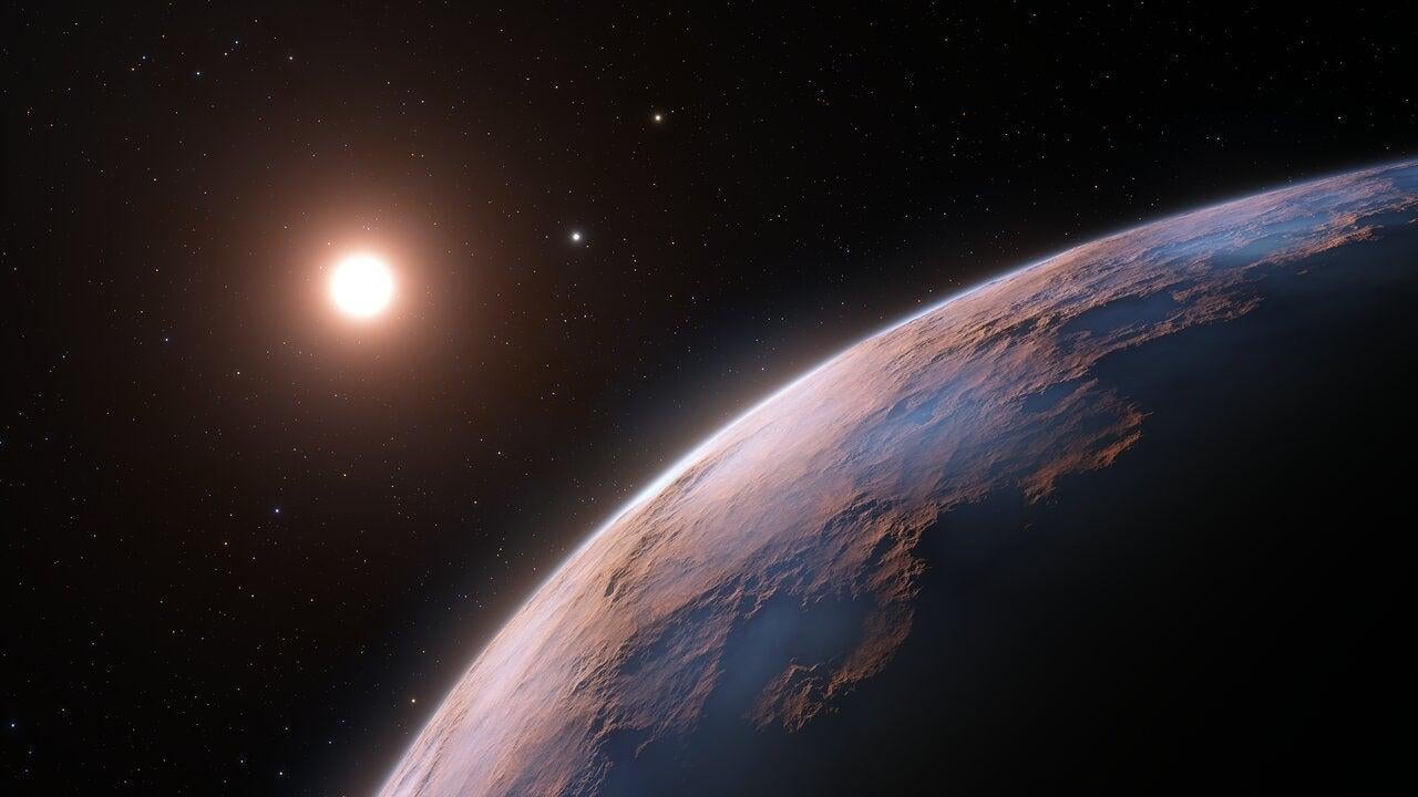 Artist's impression of the newly discovered candidate planet in orbit around Proxima Centauri, with Alpha Centauri A and B in the background. (Image: ESO/L. Calçada)