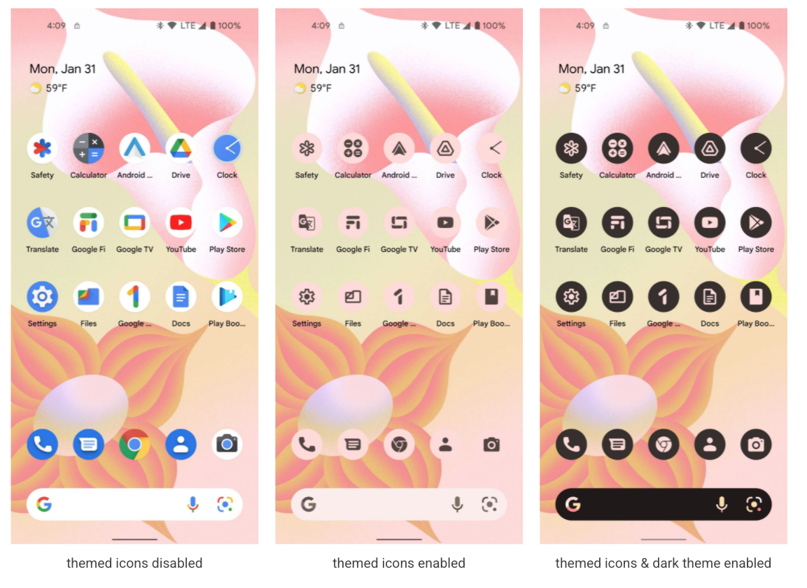 A look at Android 13's themed icons. (Image: Google)