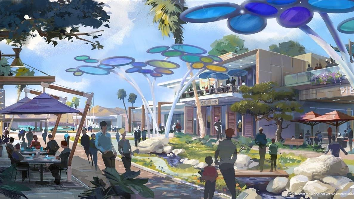 Concept art of the town square in a new Disney living community. (Image: Disney Imagineering)
