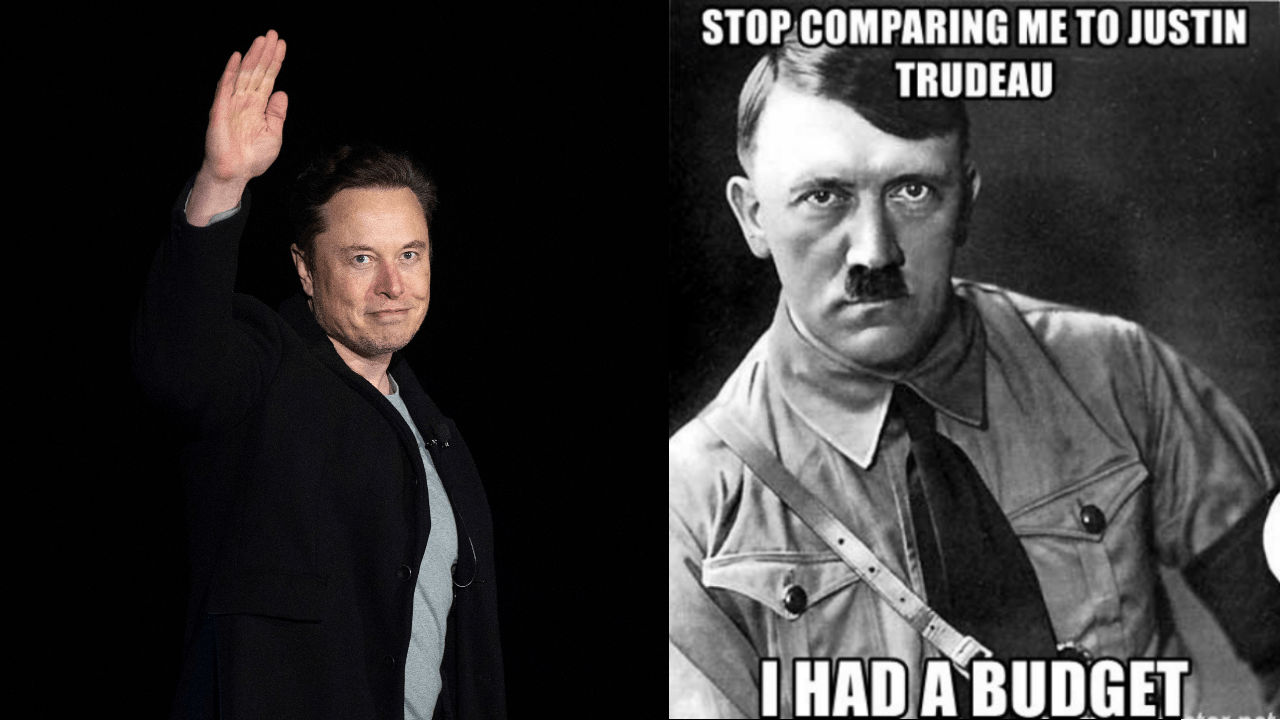 Elon Musk at SpaceX's Starbase facility in South Texas on February 10, 2022 (left) and the Hitler meme that Musk tweeted on Thursday (right) (Photo: Jim Watson / Twitter, Getty Images)