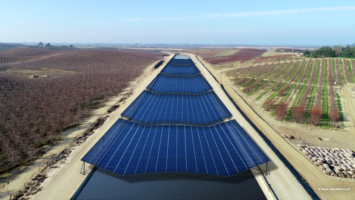 Rendering of how solar panels would cover a canal in California. (Image: Project Nexus)