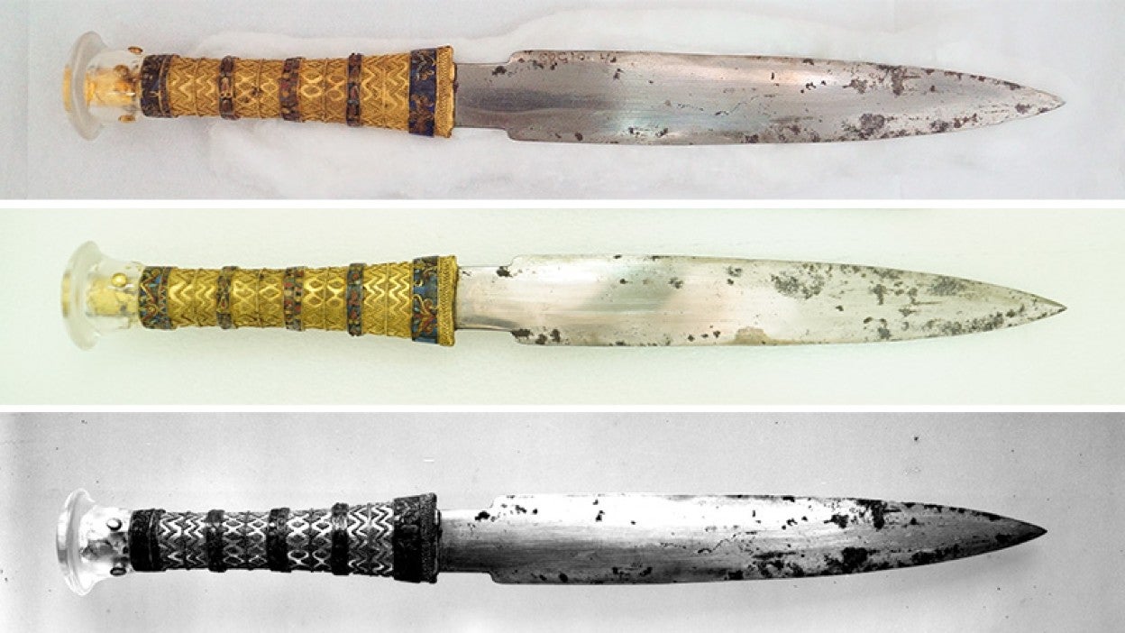 Top two: the two sides of Tutankhamun's dagger. Bottom: the dagger as it was photographed in 1925. (Image: T. Matsui et al./Meteorit. Planet. Sci.)