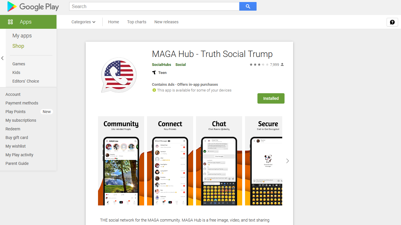 The Google Play Store page for the 'MAGA Hub - Truth Social Trump' app. (Screenshot: Google Play Store, Other)