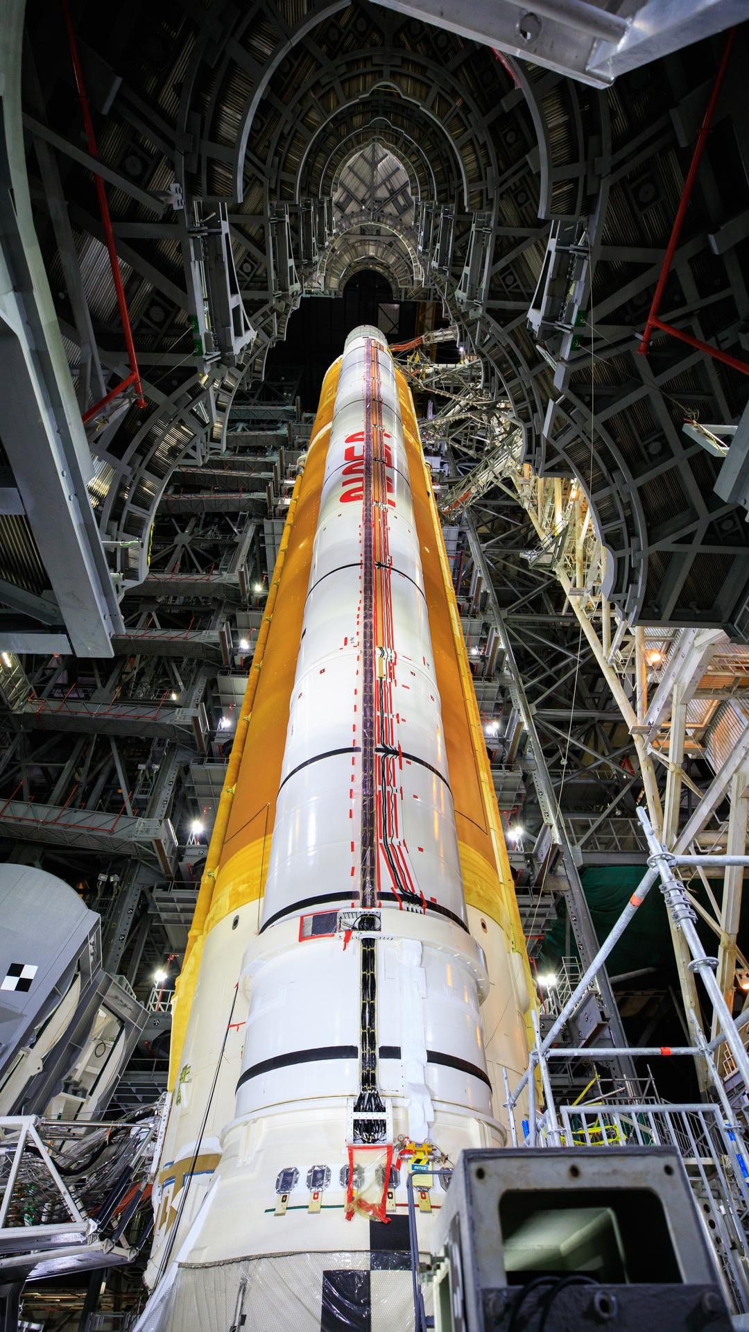 The SLS rocket inside the Vehicle Assembly Building at NASA's Kennedy Space Centre in Florida. (Photo: NASA/Frank Michaux)