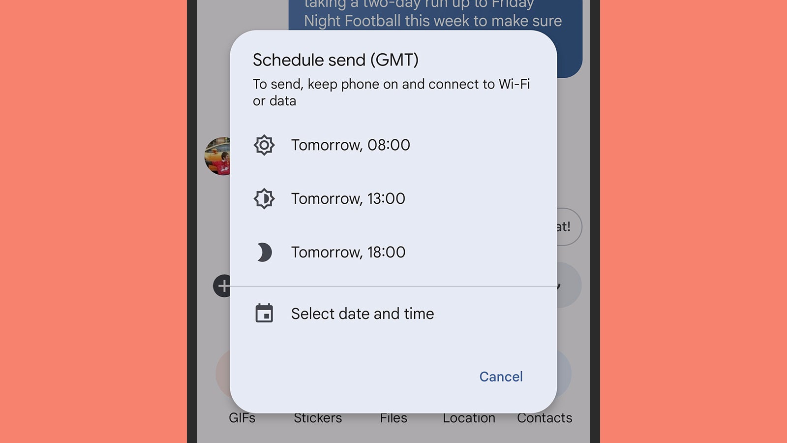 Set a message to send later. (Screenshot: Google Messages)