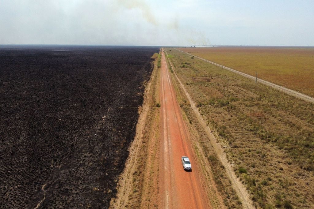 Aerial view of the Route number 40 showing a field burnt by firefighters to fight wildfires at the Ibera National Park. (Photo: JUAN MABROMATA / AFP, Getty Images)