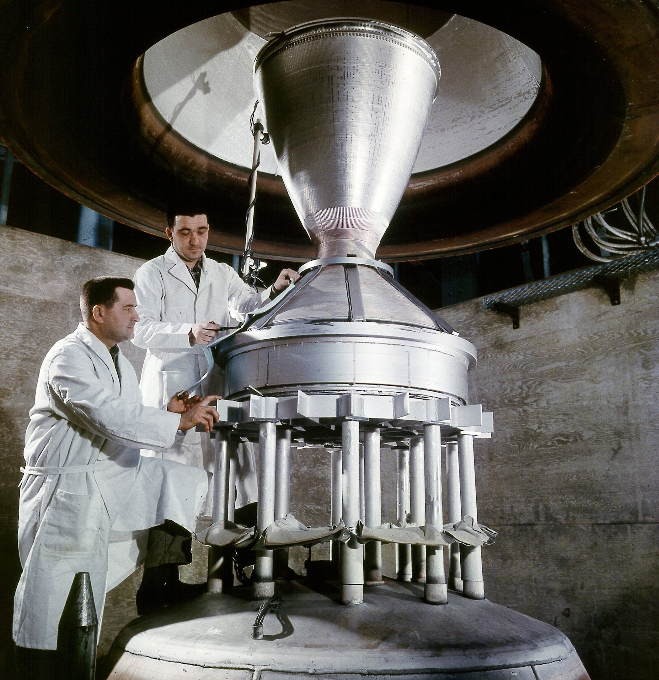 Technicians at work on a conceptual nuclear rocket in 1964. (Photo: NASA)