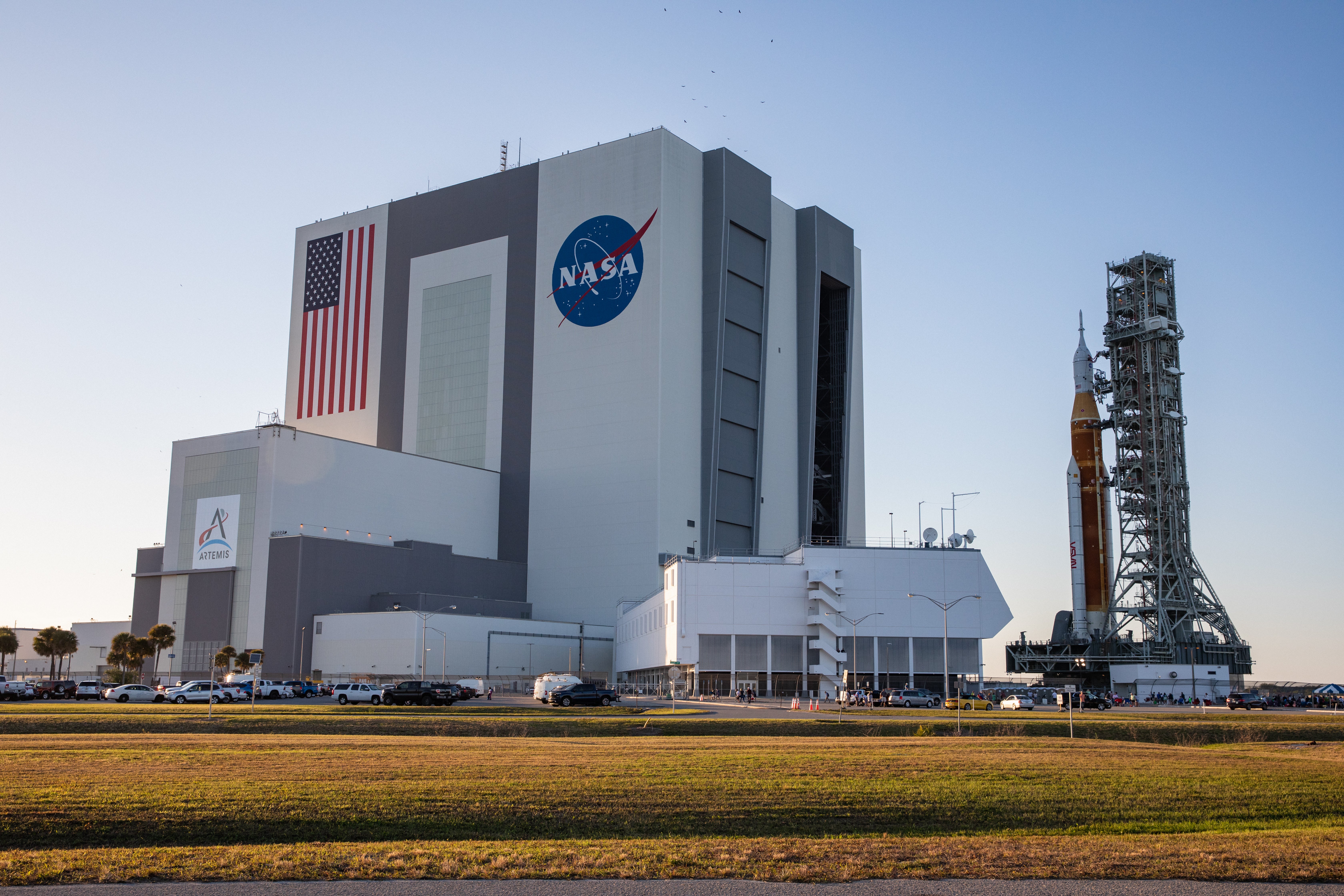 SLS shortly after exiting High Bay 3 of the Vehicle Assembly Building. (Photo: NASA/Kim Shiflett)